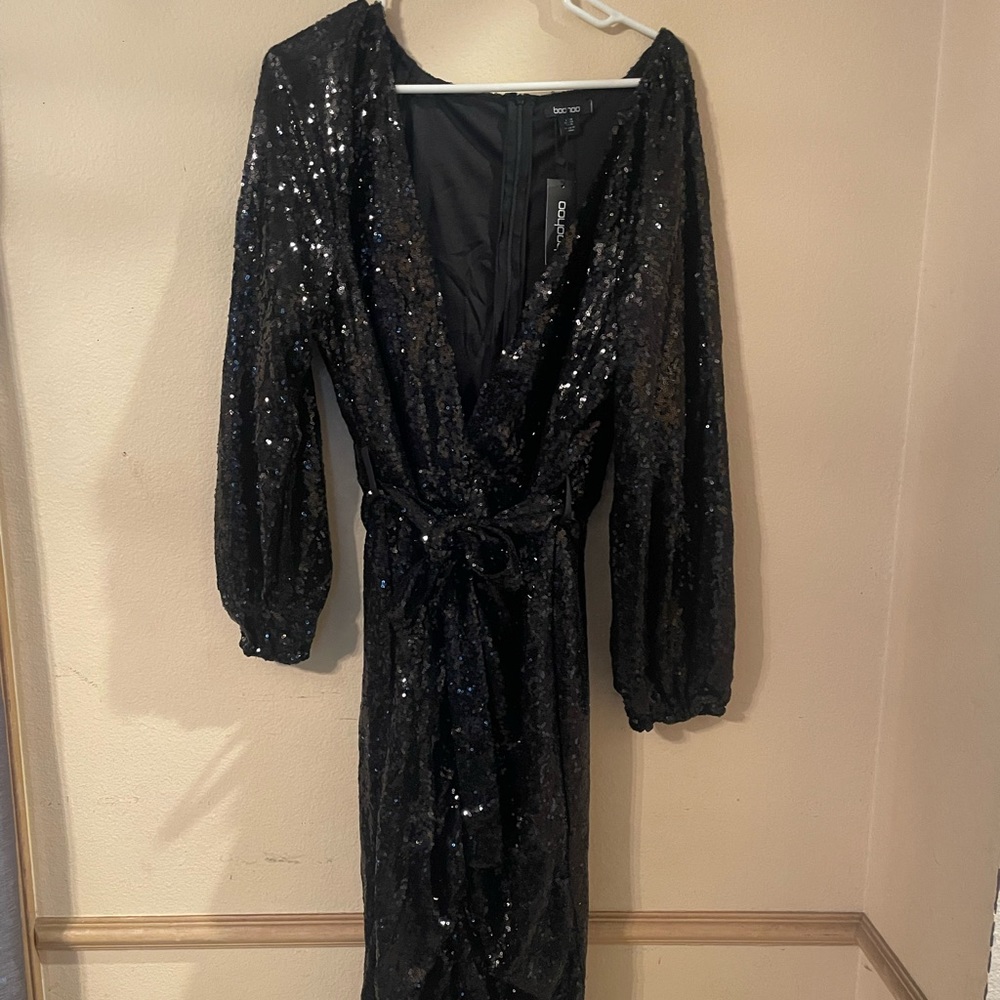 Black Sequin Ruched Belted MIDI Dress